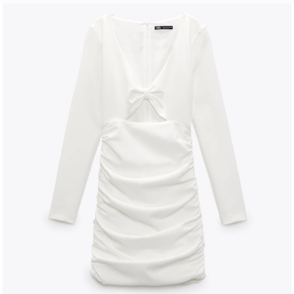 Zara White Long Sleeve Cut-Out Draped Mini Dress - size L